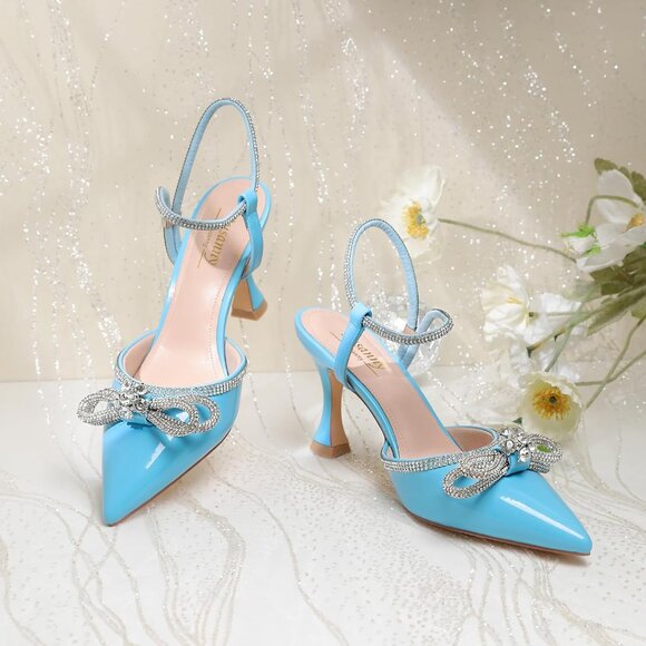 Women's Blue 1 Closed Toe Rhinestone Wedding Low Slingback Clear Kitten Heels - Picture 8 of 9